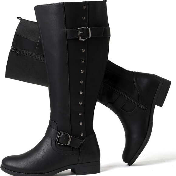 Women's Wide Calf Knee High Boots Man-Made Leather Winter Tall Boots - Picture 1 of 6